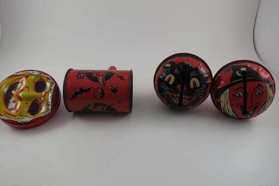 Rare Set of 4 1950's US Metal Toy Company Halloween Themed Noise Makers