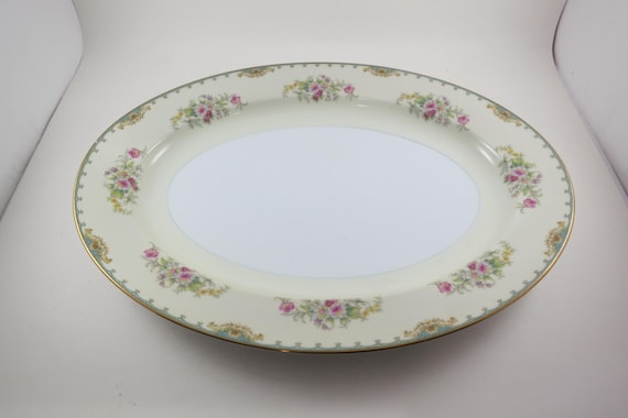 Vintage Noritake N90 Florola Oval Serving Platter: Teal Green Floral Verge, 1940s