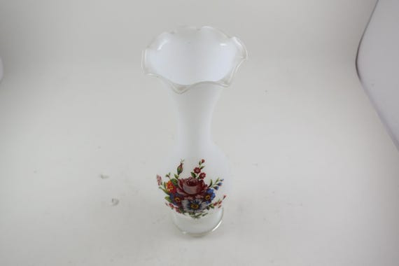 Vintage Hand Painted White Floral Vase - 8 Inches Tall