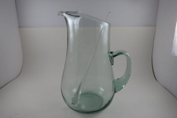 Hand Blown Aqua Glass Large Water Tea Pitcher with Stirrer Applied Handle