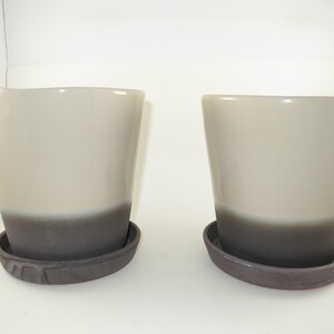 Pair of Sand Color Crate & Barrel Planters with Gray Saucers 7 Inch