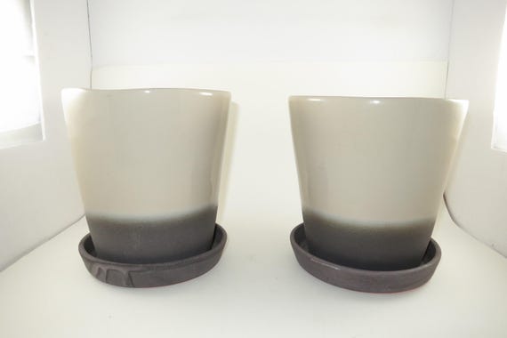 Pair of Sand Color Crate & Barrel Planters with Gray Saucers 7 Inch