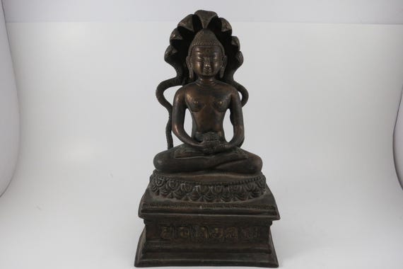 19th Century Bronze Brass Buddha Statue: 7-Headed Naya King Meditation Pose (9.25" Tall)