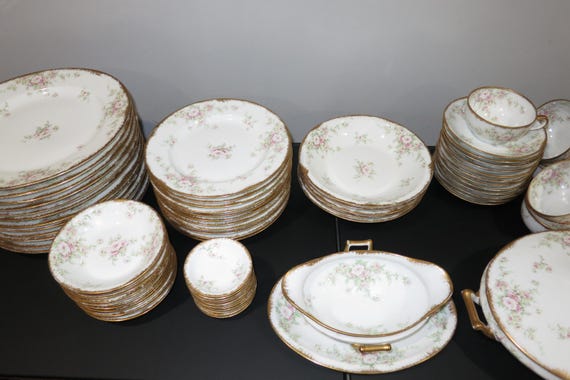 Theo Haviland Limoges China Set: Pink Roses, Gold Trim, 85 Pieces