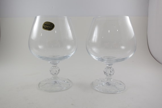 Pair of Vintage Bohemian Claudia Crystal Ball Stem Brandy Cognac Glasses