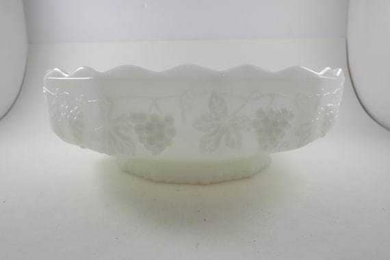 Vintage Fire King Milk Glass Bowl: 7 Grapes Embossed Centerpiece