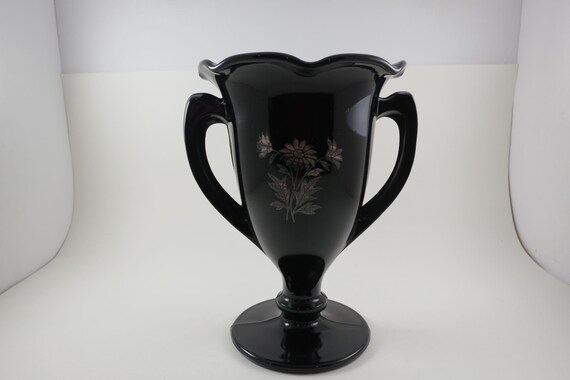 Vintage LE Smith Black Amethyst Glass Trophy Vase Double Handled Floral Overlay