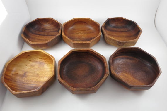 Vintage Monkey Pod Wood Set of 6 Hand Crafted Hexagonal Bowls