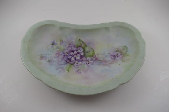Hand Painted Purple Floral Porcelain Trinket Change Jewelry Catch All Dish