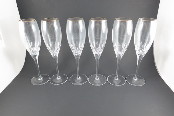 Set of 6 Gorham Crystal Diamond Gold Fluted Champagne Glasses Intricate Cut