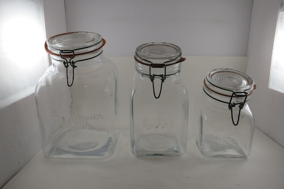 Vintage MCM Italian Canister Set, Embossed Glass with Wire Lids