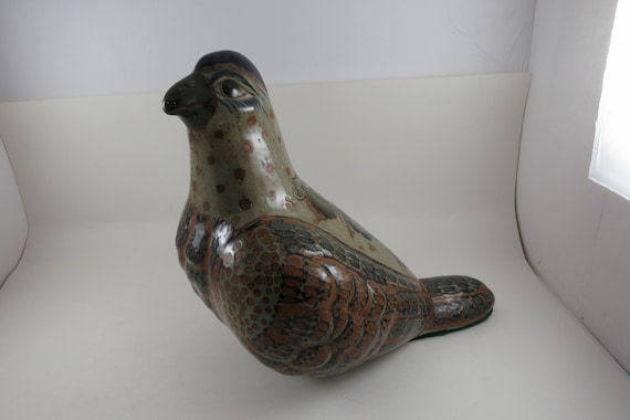 Large Brown Blue Pottery Bird Figure Hand Painted 9 Inches