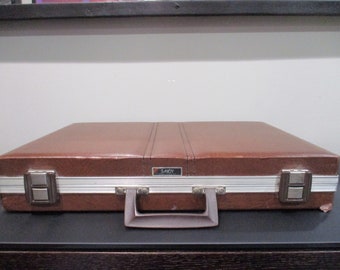 Vintage Brown Faux Leather Cassette Carrying Case 1980's Hard Shell with Handle Savoy Briefcase Type Holds 60 Cassettes