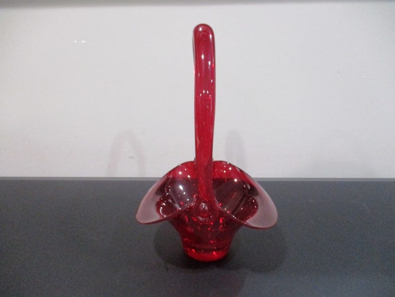 Vintage Indiana Glass Company Ruby Red Glass Basket with Handle 8 1/4 Inches Tall Excellent Condition Beautiful Display Piece