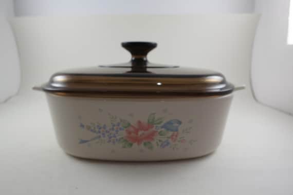 1990-94 Corning Ware 2 Quart Saucepan: Symphony Beige Pattern with Brown Fireside Lid A-2-B