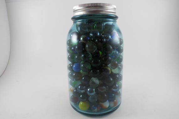 Vintage Aqua Ball Mason Jar with Antique Marbles (7 Inch)