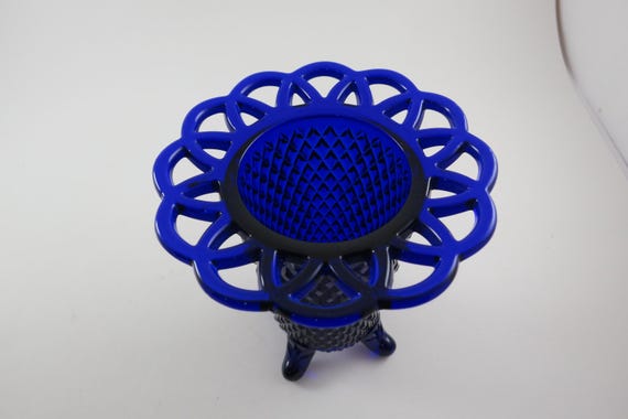 Vintage Imperial Glass Cobalt Blue Diamond Point Lace Rim Footed Vase