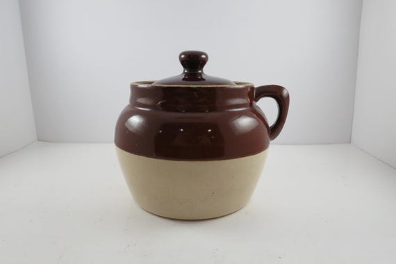Vintage Small Saltglaze Stoneware Bean crock Pot with Original Lid Double Handled Excellent Condition
