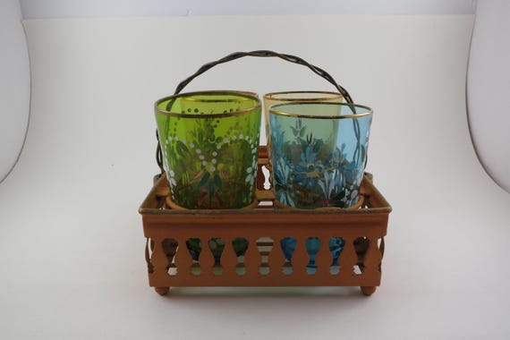 Vintage MCM Set of 4 Hand Painted Glass Tumblers with Metal Carrier Caddy