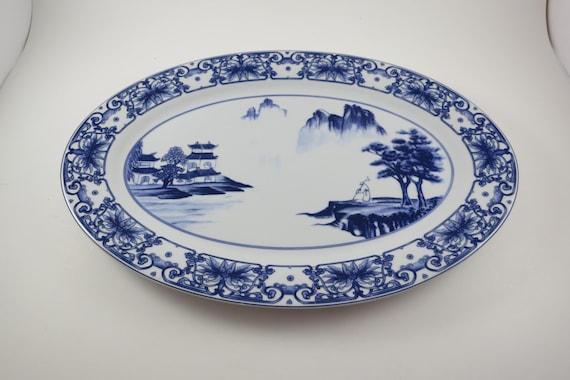 Blue & White Canton 14 Inch Oval Meat Serving Platter Excellent Condition