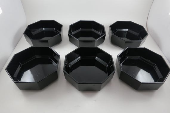 Arcoroc France Octime Black Glass Bowls - 1980s Octagon Salad/Soup Set