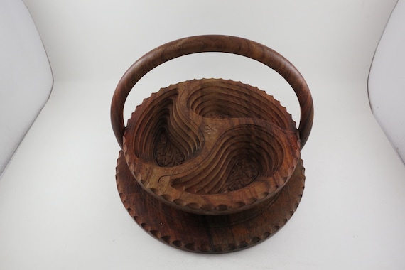 Vintage Hand Carved Rosewood Collapsible 3 Compartment Basket