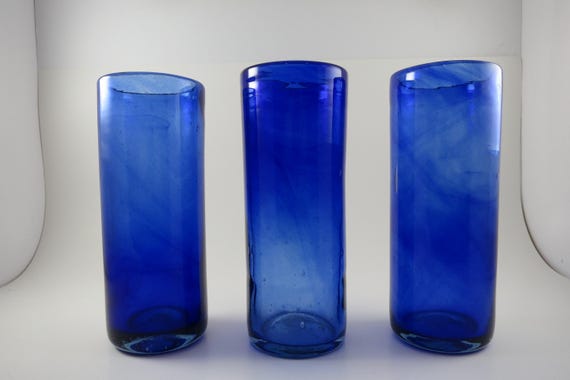 Set of Three Hand Blown Cobalt Blue Drinking Glasses 7 Inches Tall