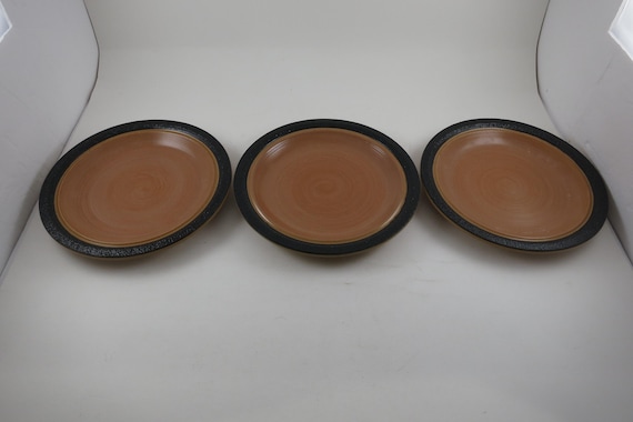 Vintage Kasuga Stoneware Salad Plates (Set of 3), Black Brown 7 1/8 Inch