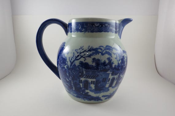 Vintage Flow Blue Victorian Ware Ironstone Old World Large Pitcher