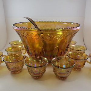 Vintage Carnival Glass Punch Bowl Set: 12-Piece Iridescent Glassware
