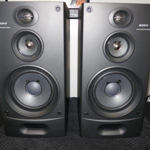 May include: Two black Sony 3-way speaker systems. Each speaker has a large central woofer, a mid-range speaker, and a tweeter. The speakers are rectangular with rounded edges and a small rectangular port at the bottom.