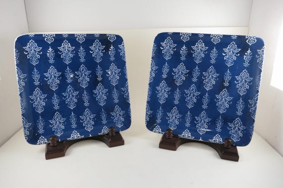 Pair of Pier 1 Gudari Square 8 1/2 Inch Salad Plates Blue White
