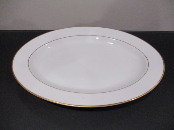 Vintage Gorham Hallmark Gold Fine China 14 1/2 Inch Oval Serving Platter Like New Condition White Gold Double Band