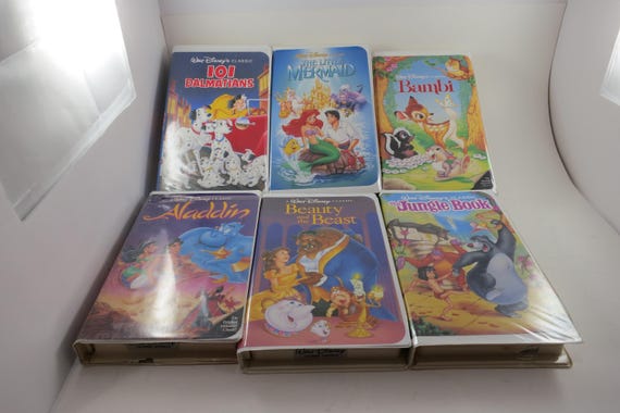 Collection of 6 Vintage Disney Black Diamond VHS Tapes Originals Aladdin Bambi 101 Dalmatians Little Mermaid Jungle Clam Shell Cases Rare