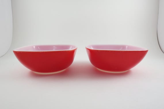 Pair of Vintage Red Pyrex MCM 2 1/2 Red Square Hostess Bowls 12 Ounce Dessert Excellent Condition