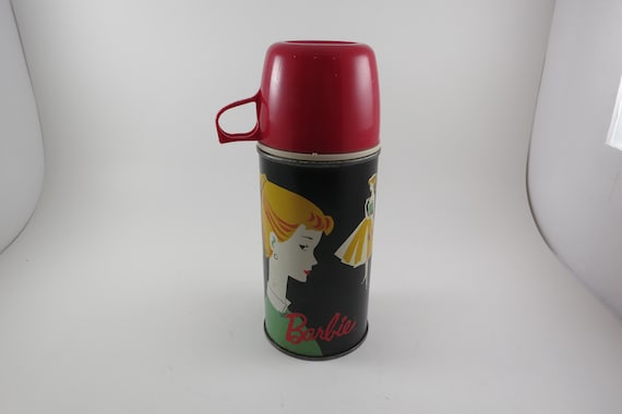 Original 1962 Barbie Metal Thermos with Cap and Cup Lid 8 1/4 Inches Tall Nice Condition