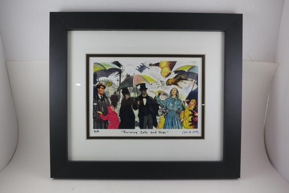 Signed Nelson De La Nuez Lithograph "Raining Cats and Dogs" Framed Art (14x12)