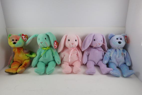 Collection of Five TY Beanie Babies Bunny Trio Hippity Hoppity Floppity Garcia Bear and Issy MWMT