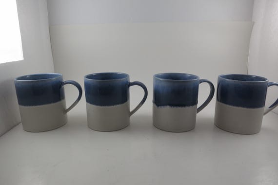 Set of Four Vintage Crate & Barrel Blue and White Stoneware Mugs
