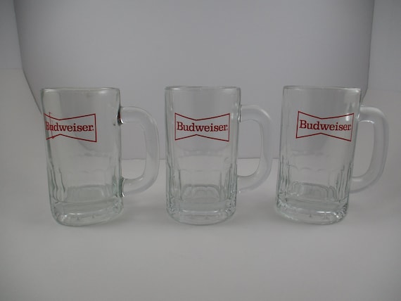Set of Three 1980's Vintage Budweiser Bowtie Heavy Beer Mugs with Handles 5 Inches Tall Excellent Original Condition