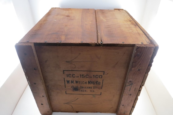 Antique W.M. Welch Mfg Co Chicago Wooden Shipping Crate Box 14x12x13.5 Shipped to State University College Oyster Bay NY Very Neat Box
