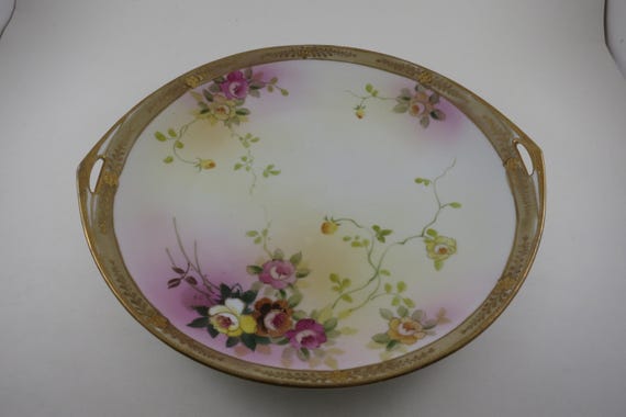 Hand Painted Pink & Purple Floral Gold Trim Round Platter 11 Inch