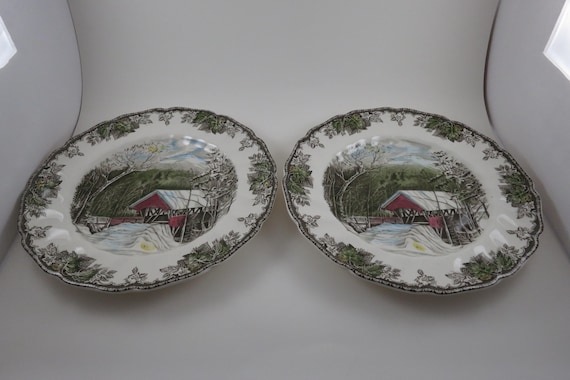 Johnson Brothers England The Friendly Village Pair of 10 1/2 Inch Dinner Plates The Covered Bridge Excellent Used Condition