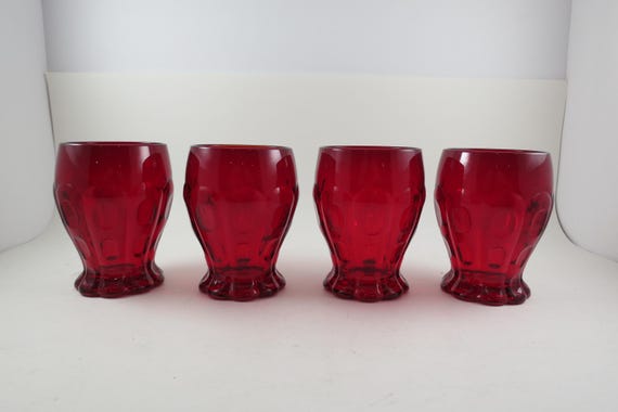 Set of Four Ruby Red Thumbprint Paneled Tumbler Glasses Excellent Condition