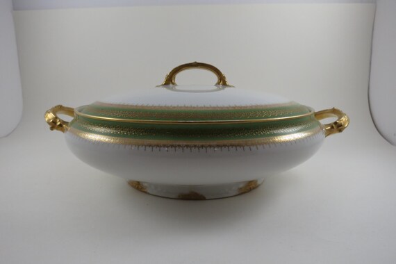 Vintage Charles Field Haviland Limoges Covered Round Vegetable Bowl Green & Gold
