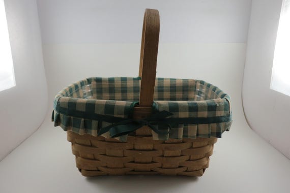 1985 Longaberger Market Basket: Green Checkered Liner & Protector