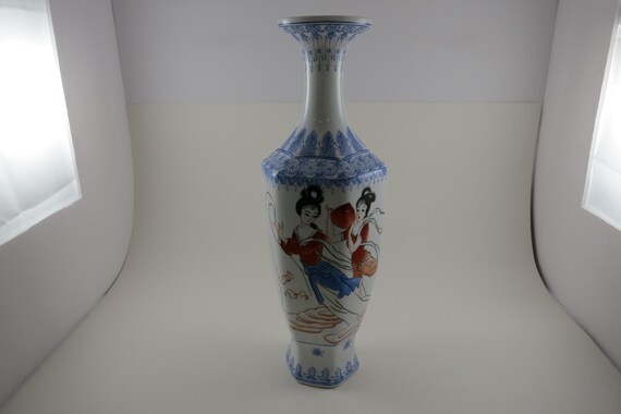 Beautiful Vintage Hand Painted Chinese Eggshell Porcelain Vase 12 1/4 Inches Tall Geisha Blue Red Great Display Vase