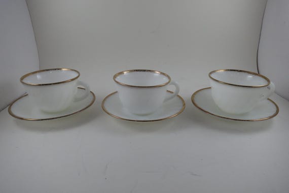 Set of 3 Vintage Fire King Milk Glass Cups and Saucers with Gold Trim