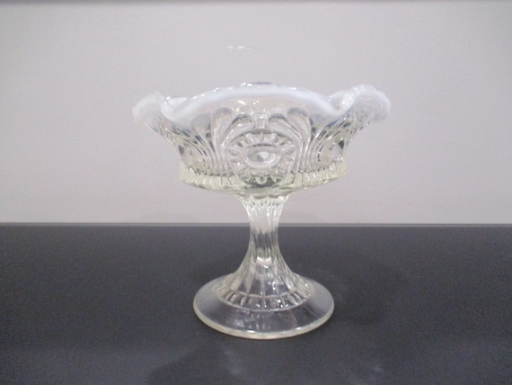 Vintage Fenton Tokyo Pattern Clear Opal Glass Ruffled Pedestal Compote 5 Inches Tall