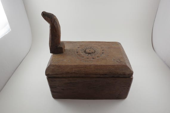 Ancient 1800's Heavy Hard Wood Divided Box Carved Top Unique